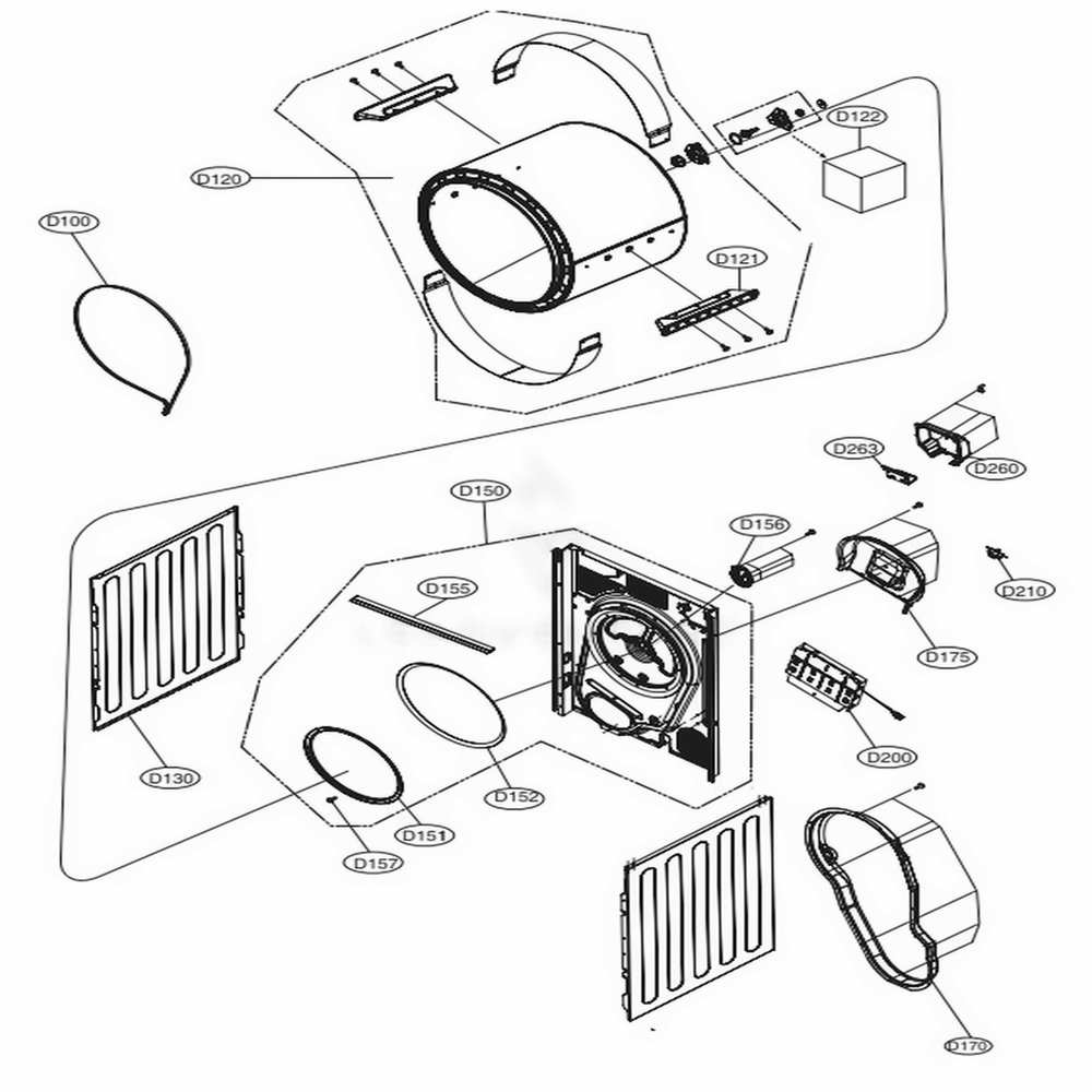 Back Cover And Drum Assembly Diagram and Parts List for DLEC888W ABWEEUS LG Dryer