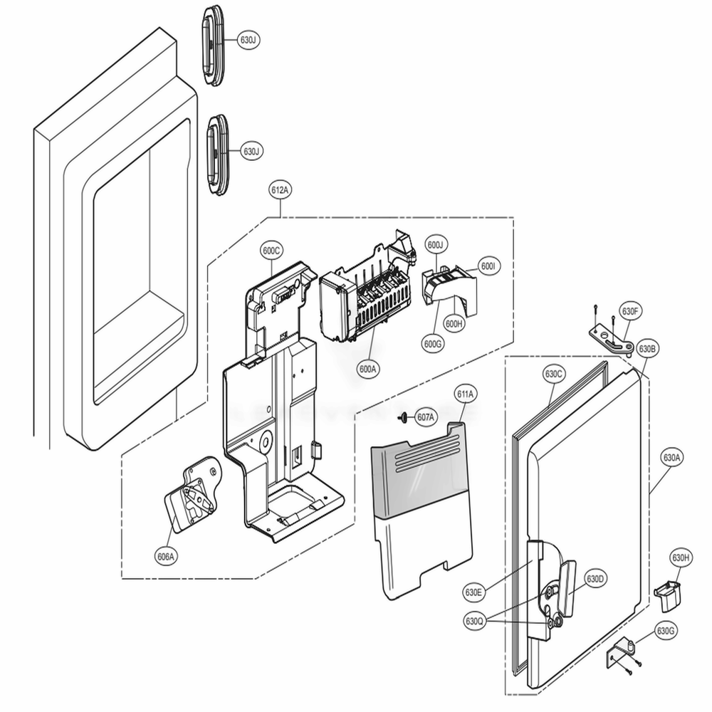 Ice Maker And Ice Bin Parts Diagram and Parts List for 73165 ANSCSE1 LG Refrigerator