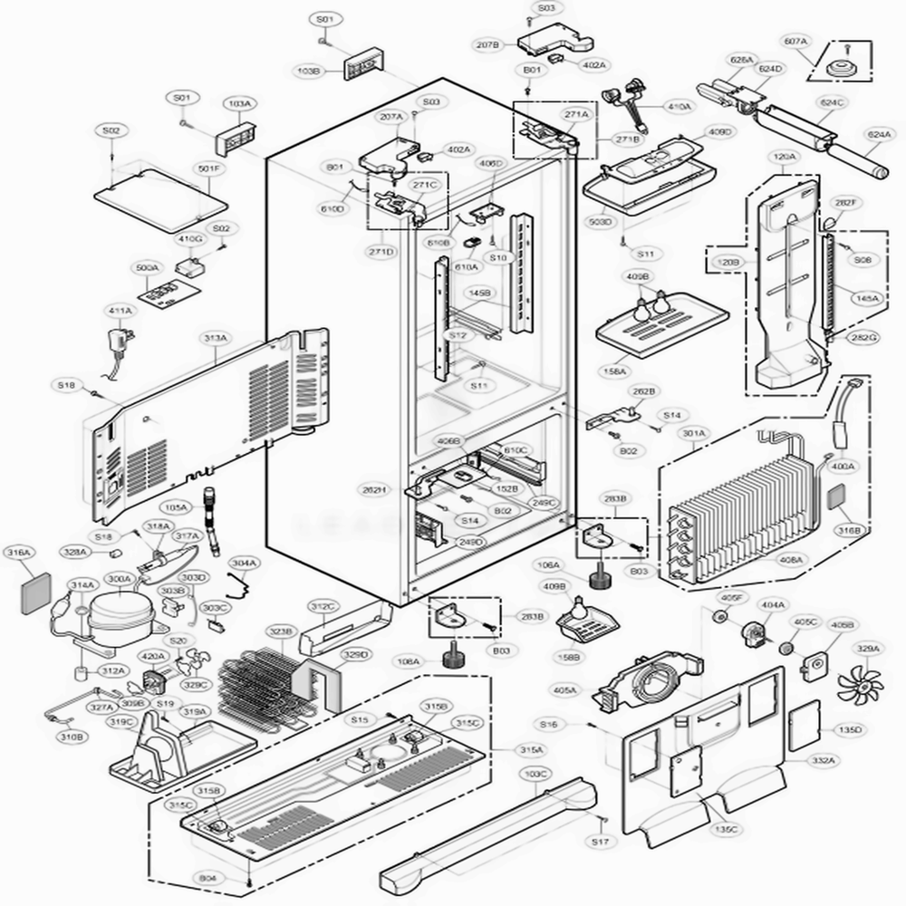 Case Parts Diagram and Parts List for 78556 ATI3SEF LG Refrigerator