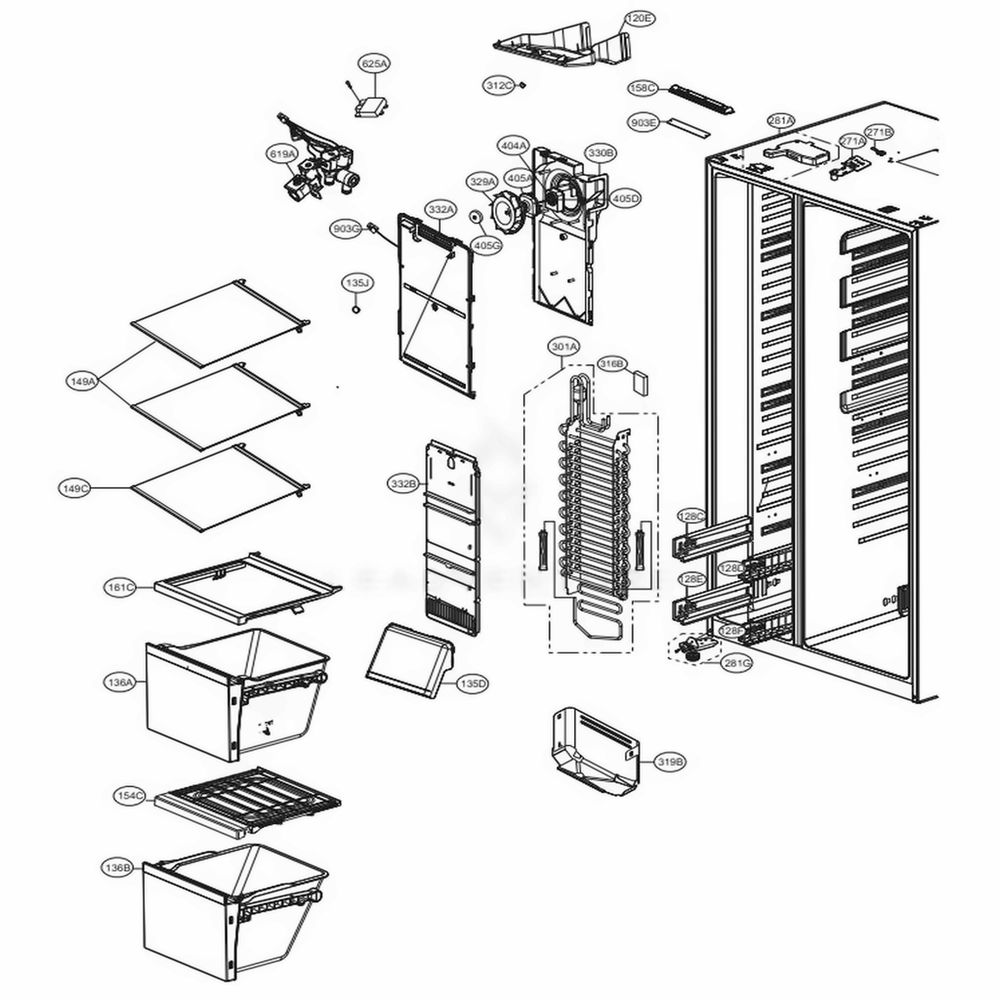 Freezer Compartment Diagram and Parts List for LSXC22326S ASTCNA0 LG Refrigerator