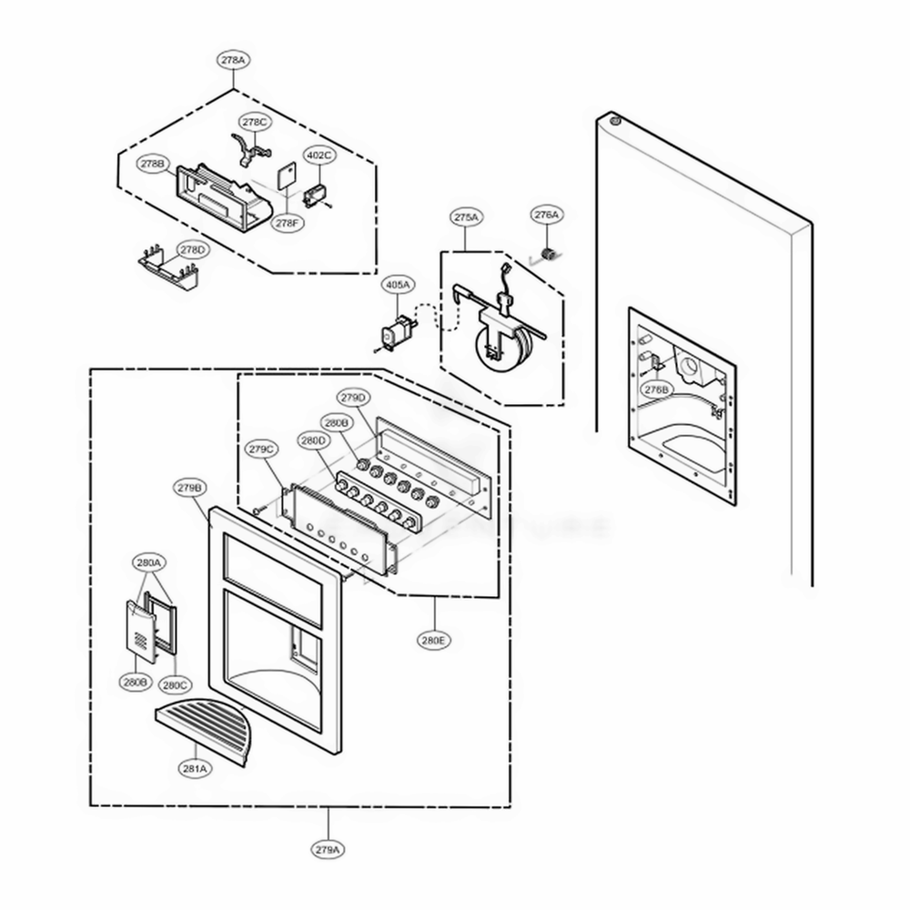 Dispenser Parts Diagram and Parts List for LFX25961AL AAVCLGA LG Refrigerator