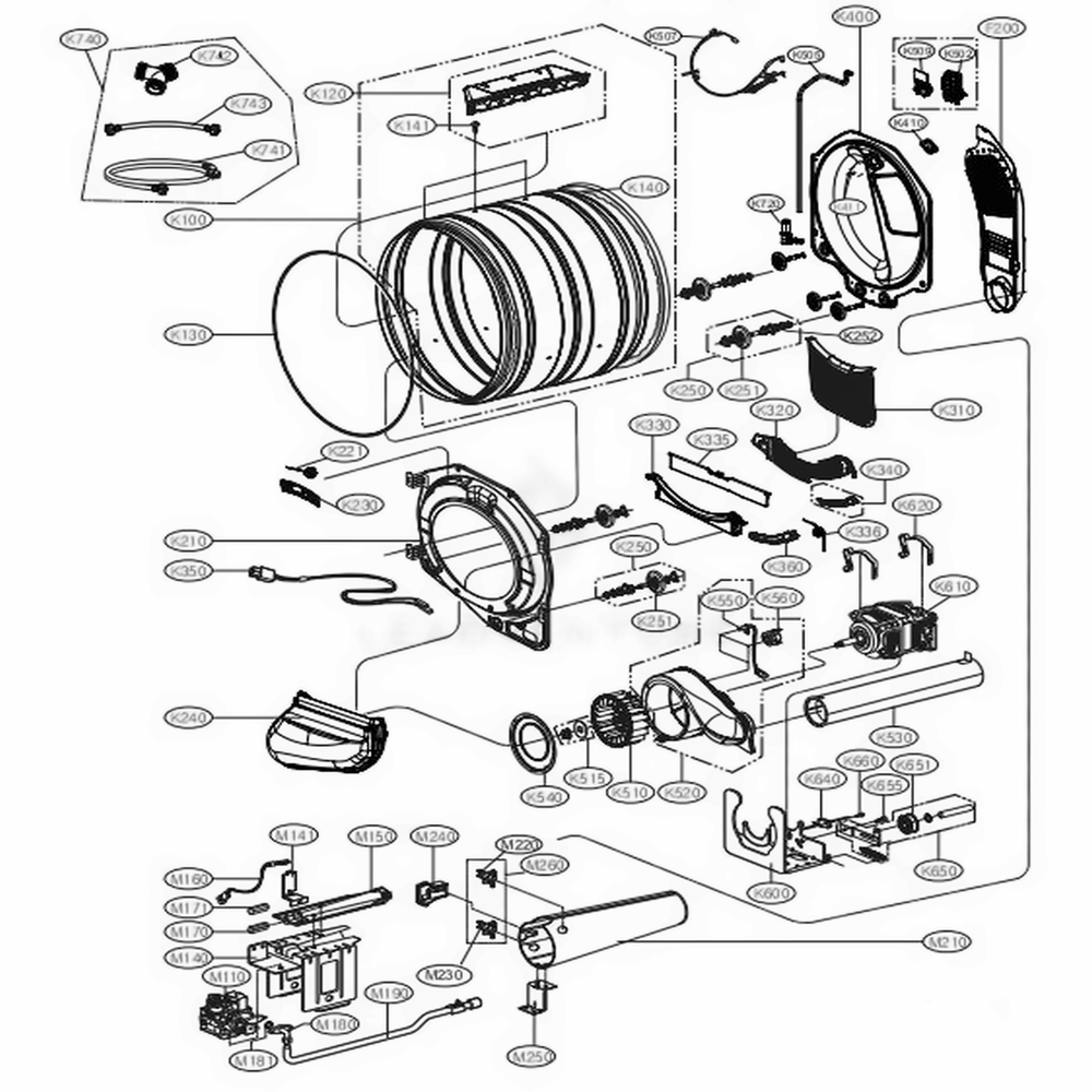 Drum And Motor Assembly: Gas Type Diagram and Parts List for DLGX4501B ABLEEUS LG Dryer