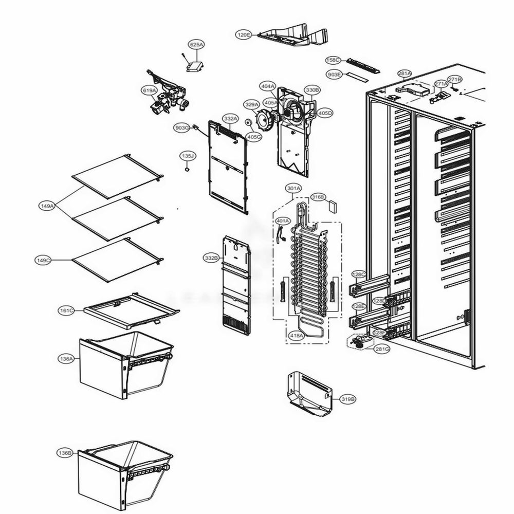 Freezer Compartment Diagram and Parts List for LSXS26326S ASTCNA4 LG Refrigerator