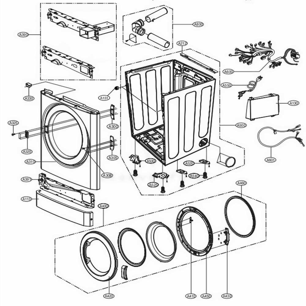Cabinet And Door Assembly - Gas Stack Lower Type Diagram and Parts List for GDL1329CGS7 ASSEELC LG Dryer