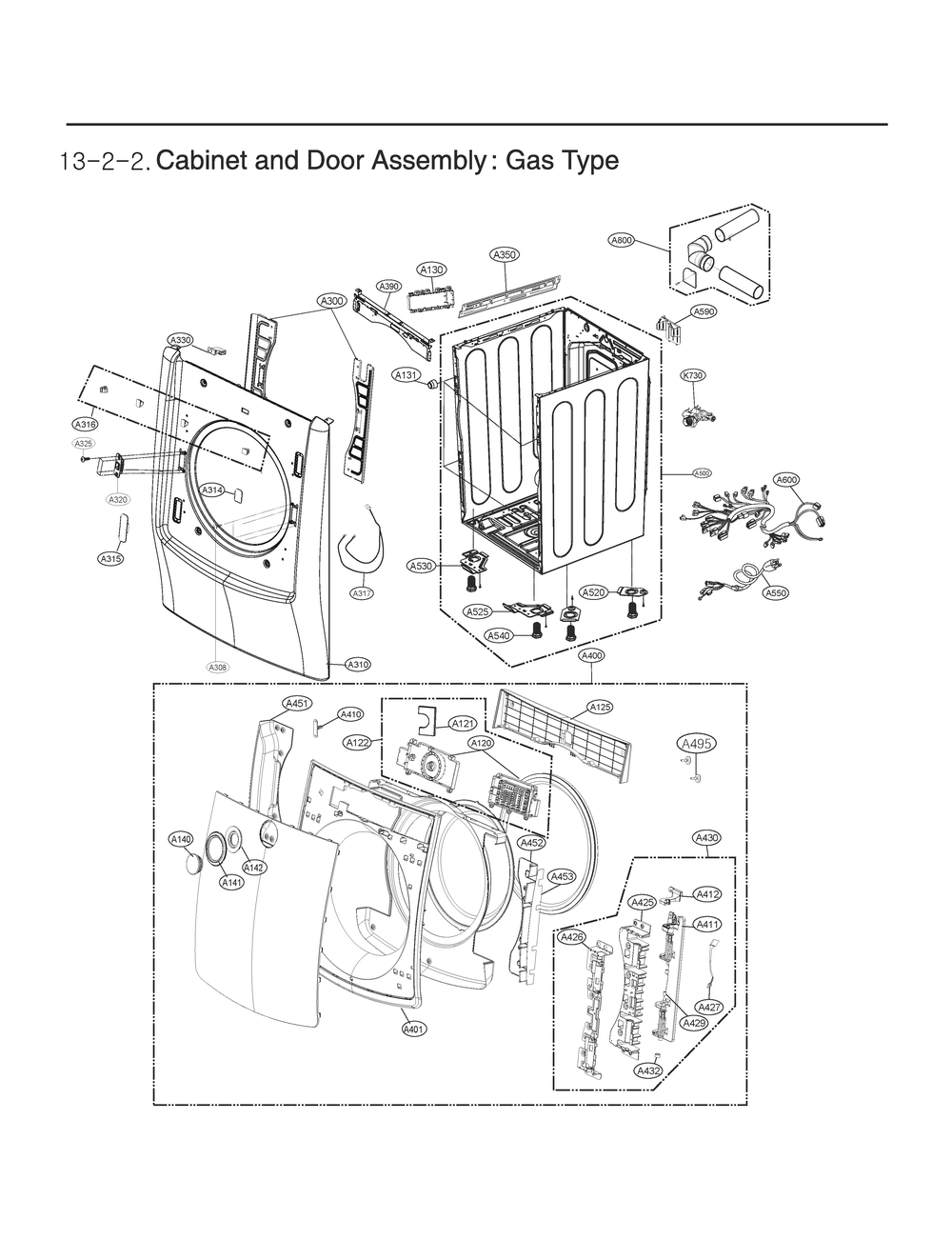 Cabinet And Door Assembly Diagram and Parts List for RN1376ES ASSEEUS LG Dryer