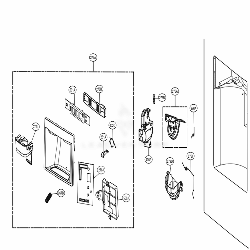 Dispenser Parts Diagram and Parts List for 72482 ASWCSE2 LG Refrigerator