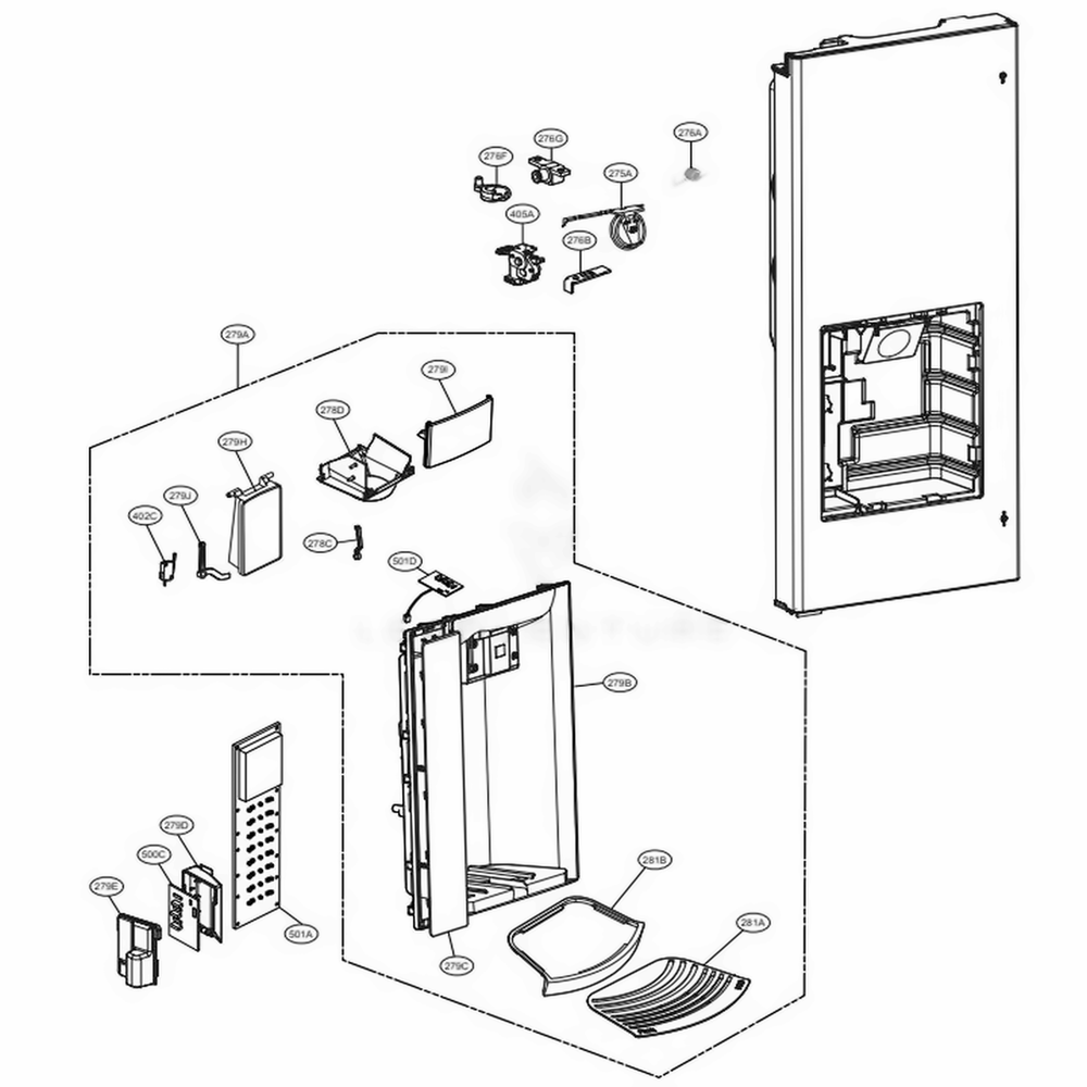 Dispenser Parts Diagram and Parts List for LFX28979SB AWBCNA1 LG Refrigerator