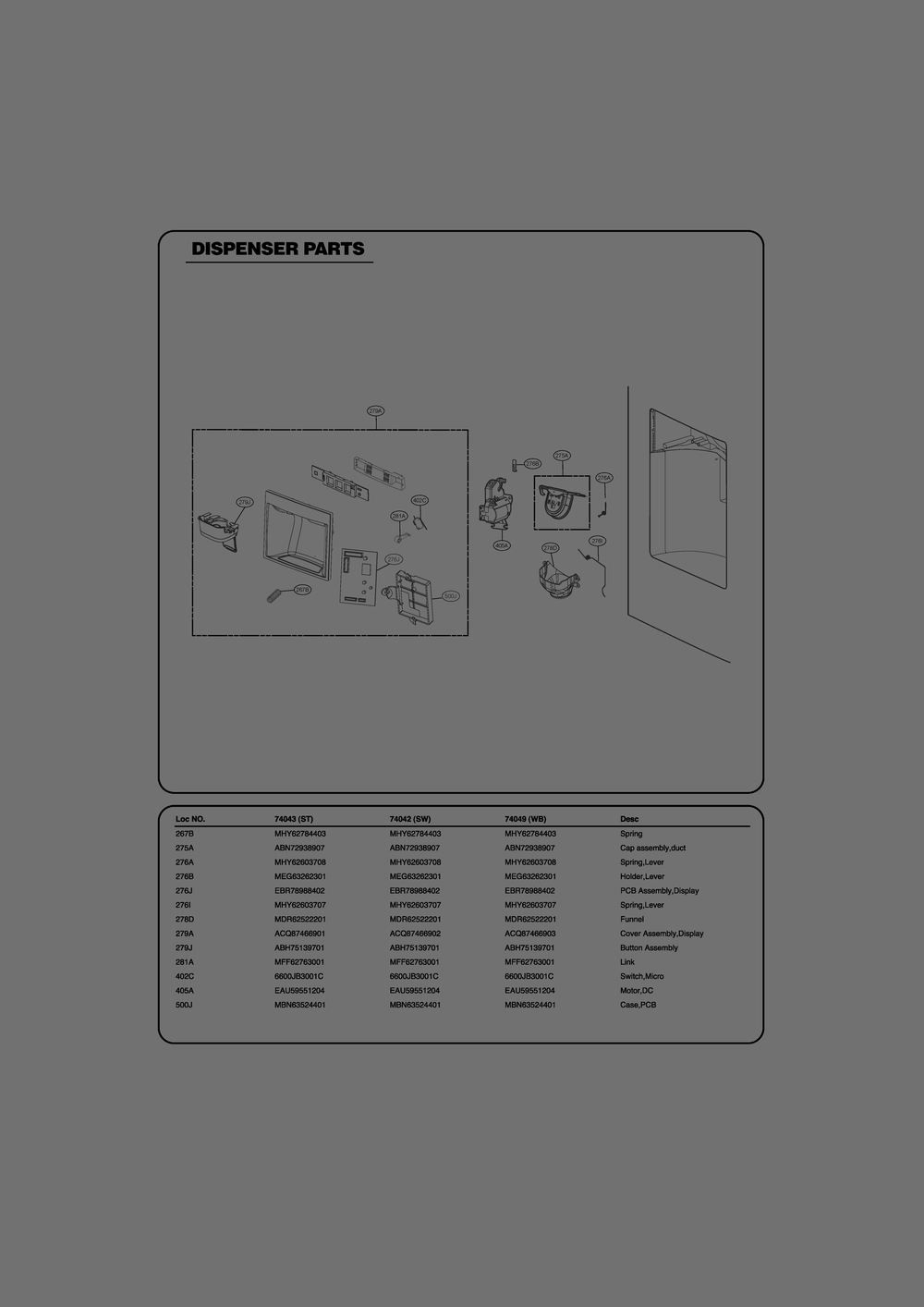 Dispenser Parts Diagram and Parts List for GR-L268LQTM ASWCSE1 LG Refrigerator