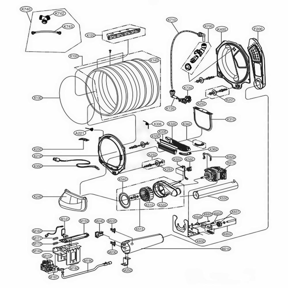 Drum And Motor Assembly Gas Type Diagram and Parts List for 71433 ASTESEU LG Dryer