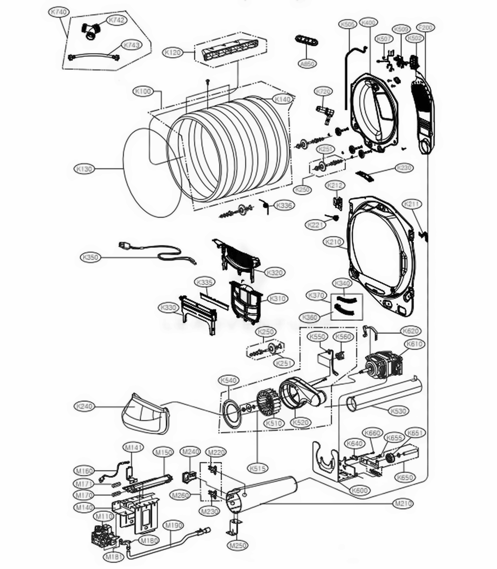 Drum And Motor Assembly: Gas Type Diagram and Parts List for 71552 ABWESEU LG Dryer