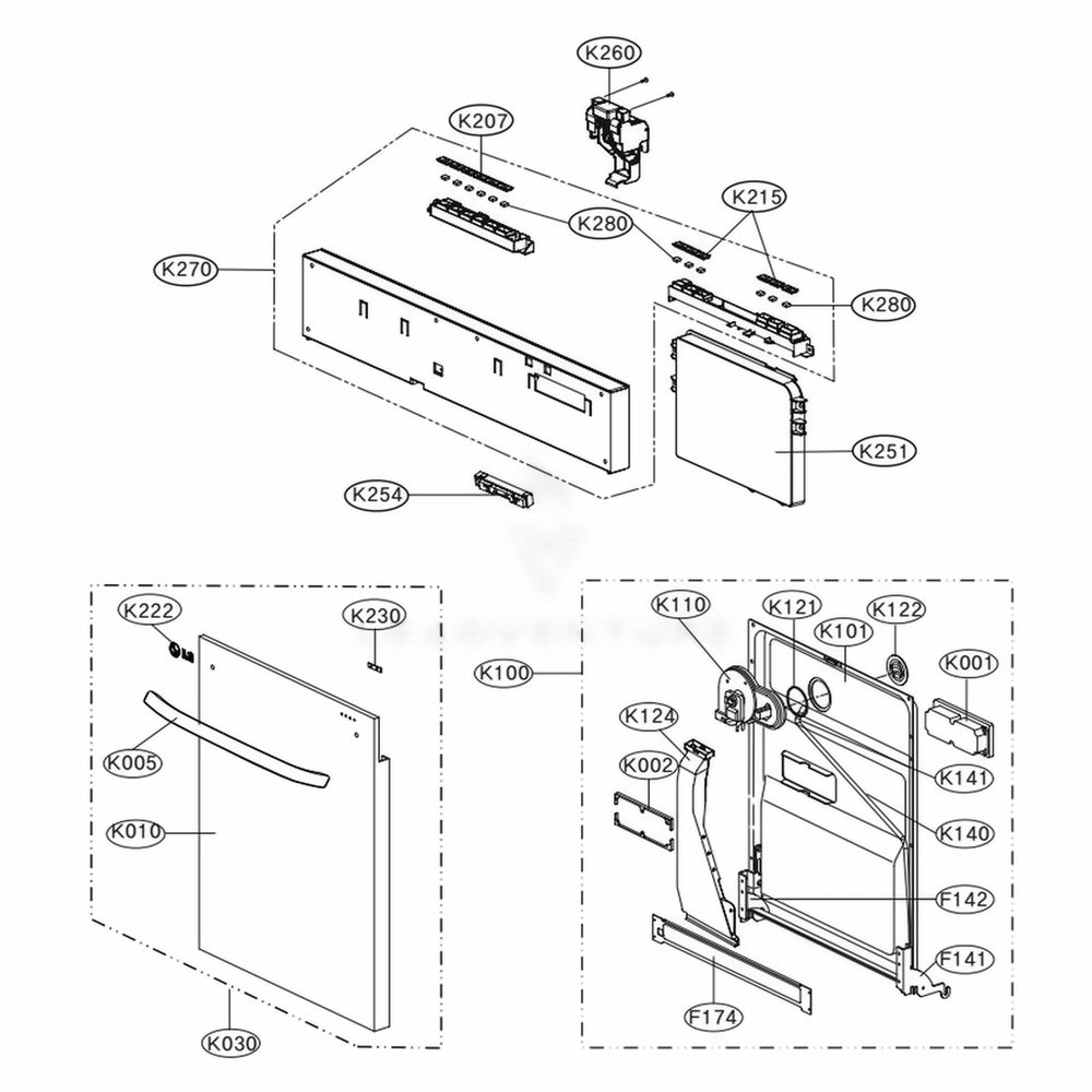 Door Assembly Diagram and Parts List for LDF7774BD ABDEEUS LG Dishwasher