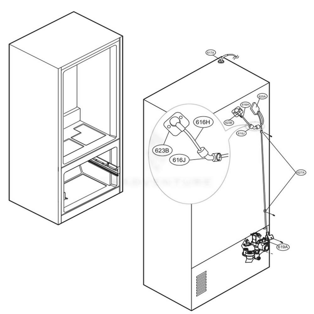 Valve And Water Tube Parts Diagram and Parts List for 73109 AWBCSE2 LG Refrigerator