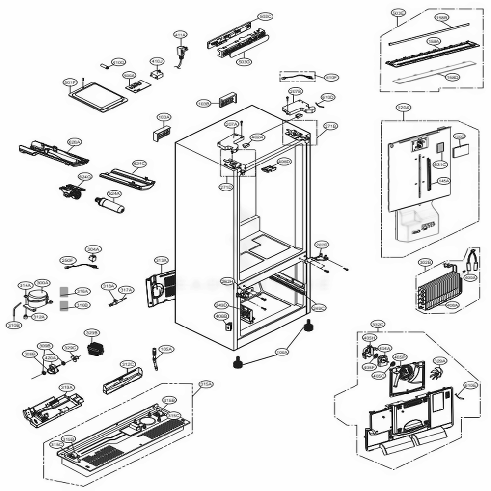 Case Parts Diagram and Parts List for 74105 ASTCSE2 LG Refrigerator