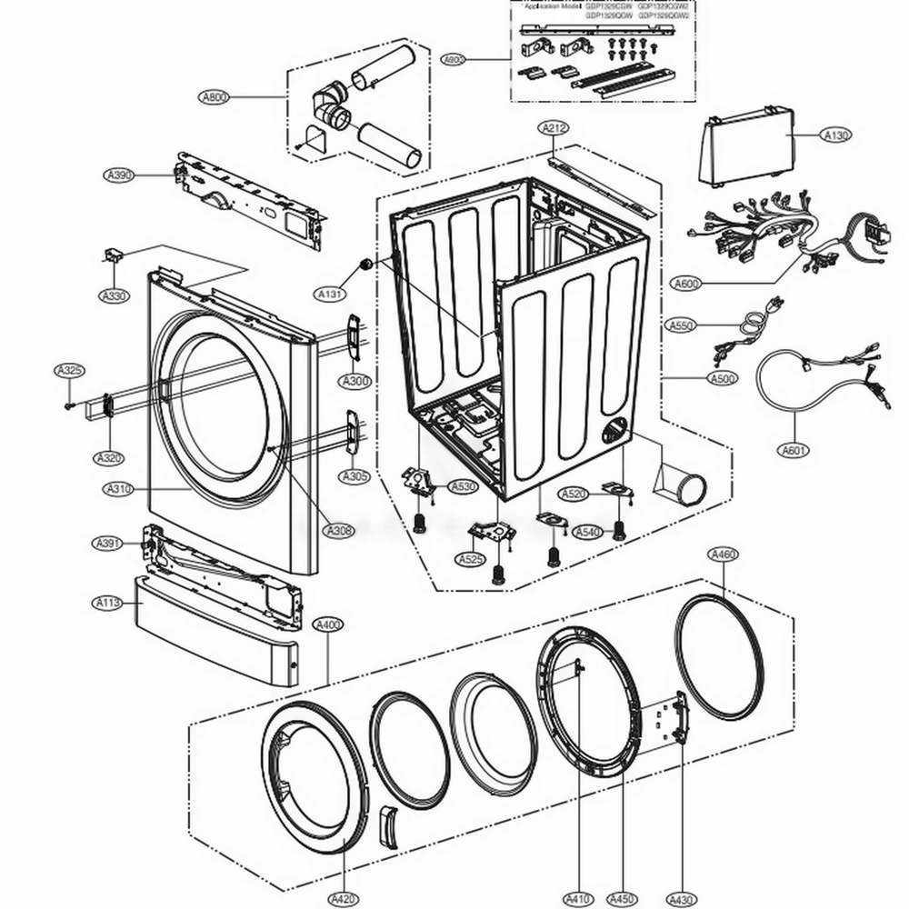 Cabinet And Door Assembly Diagram and Parts List for GDL1329CGW3 ASSEELC LG Washer