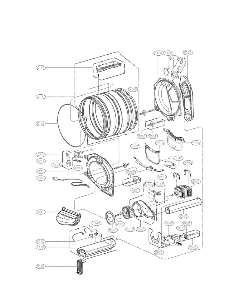 Drum And Motor Parts Assembly Diagram and Parts List for DLEX3885W  LG Dryer