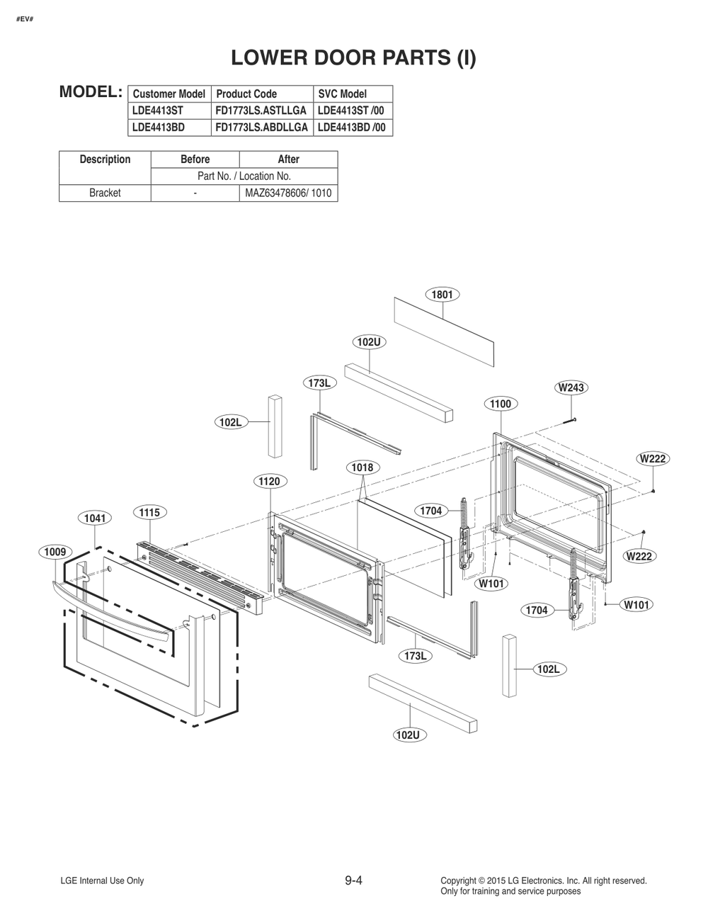 Lower Door Parts 1 Diagram and Parts List for FD1773LS AS2LLGA LG Range