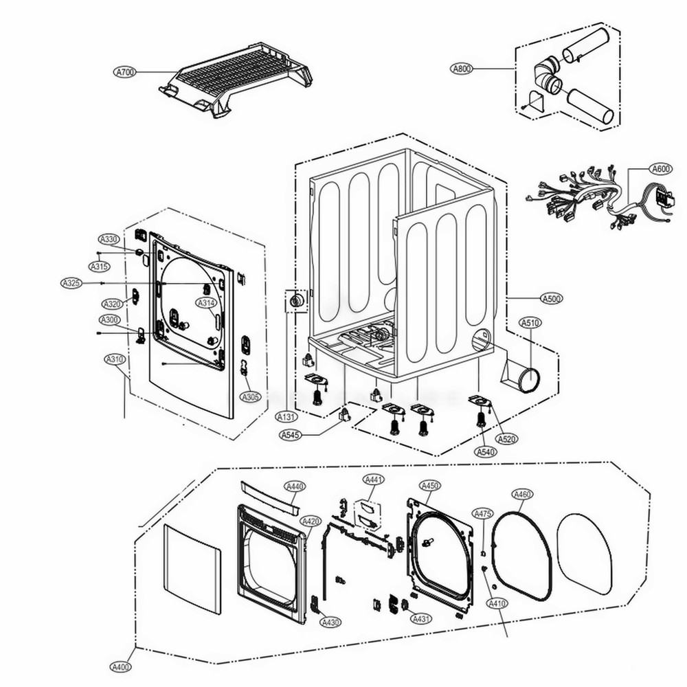 Cabinet And Door Assembly Diagram and Parts List for DLEY1701WE ABWEEUS LG Dryer