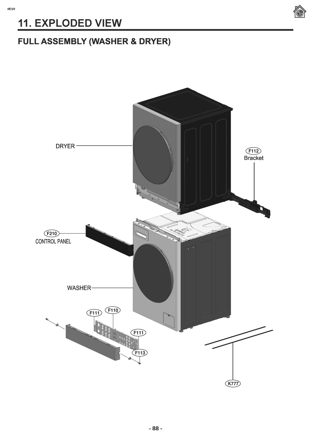 Full Assembly (Washer And Dryer) Diagram and Parts List for WKHC152HWA ABWEEUS LG Washer Dryer Combo