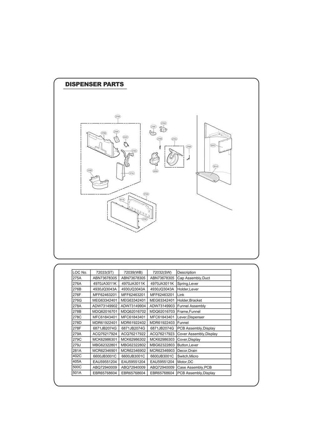 Dispenser Parts Diagram and Parts List for GC-L258VQXP ASWCSE3 LG Refrigerator