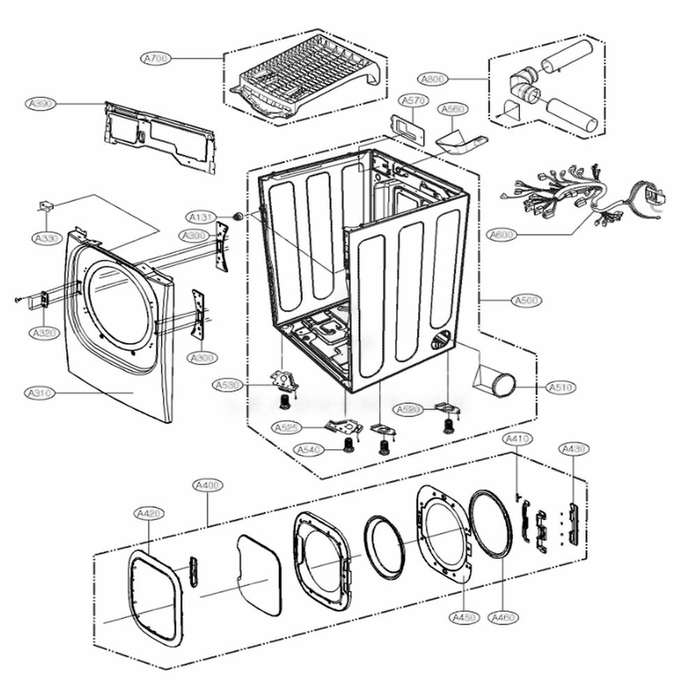Cabinet And Door Assembly Parts Diagram and Parts List for DLE2601W ABWEEUS LG Dryer