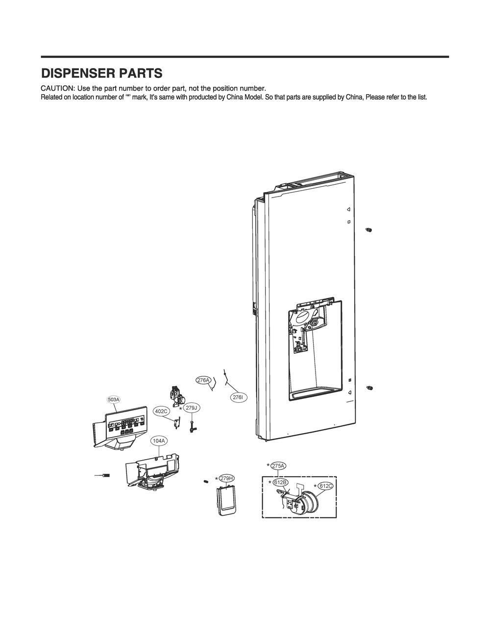 Dispenser Parts Diagram and Parts List for GR-L28ANKXM ASBCNA6 LG Refrigerator