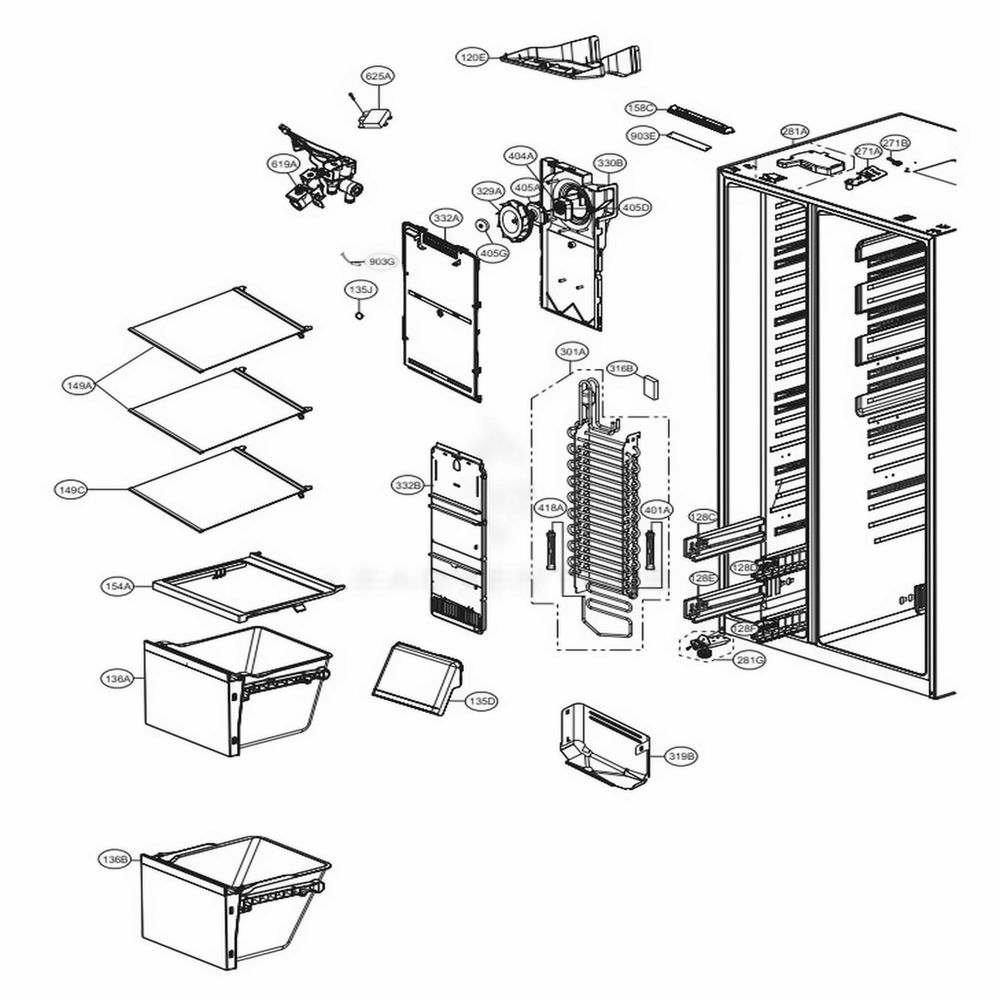 Freezer Compartment Diagram and Parts List for 51839 AWBCSE1 LG Refrigerator