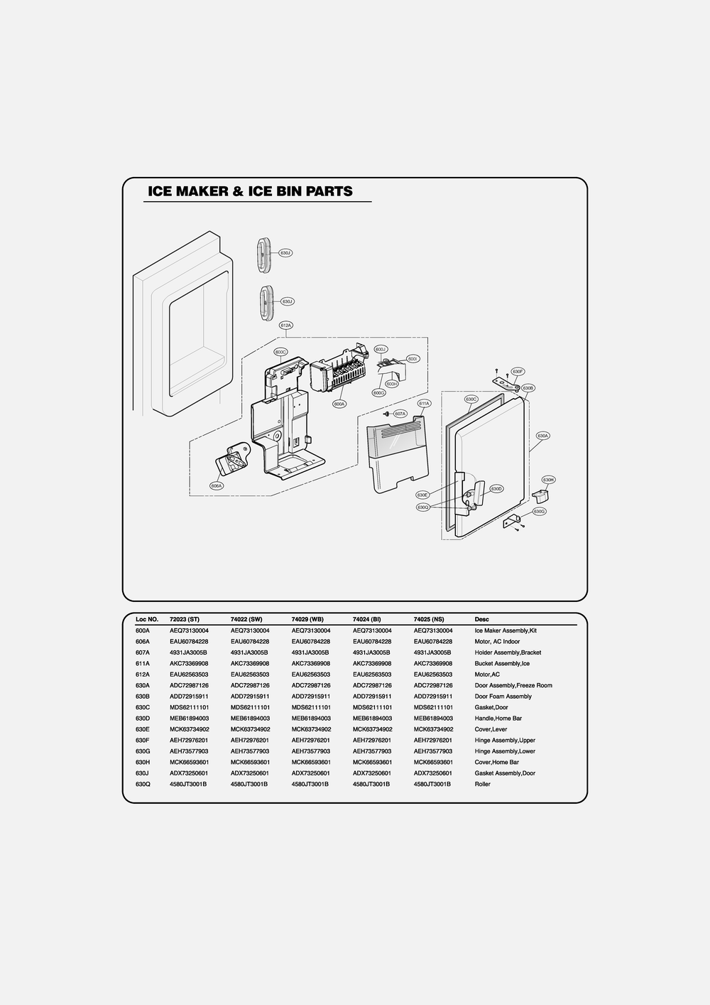 Ice Maker And Ice Bin Parts Diagram and Parts List for GR-L318LQTM ASWCSE1 LG Refrigerator