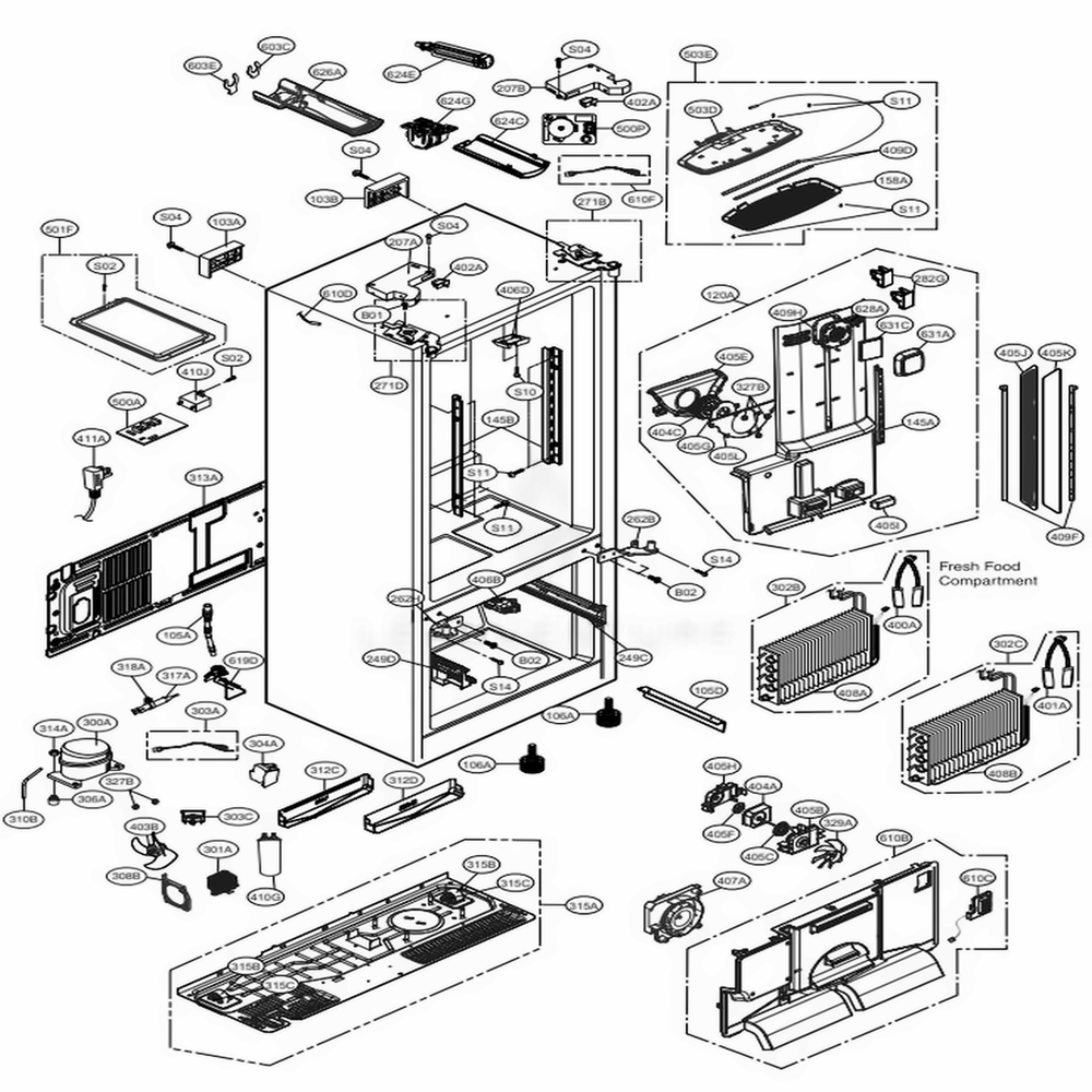 Case Parts Diagram and Parts List for 72069 AWBCSE0 LG Refrigerator