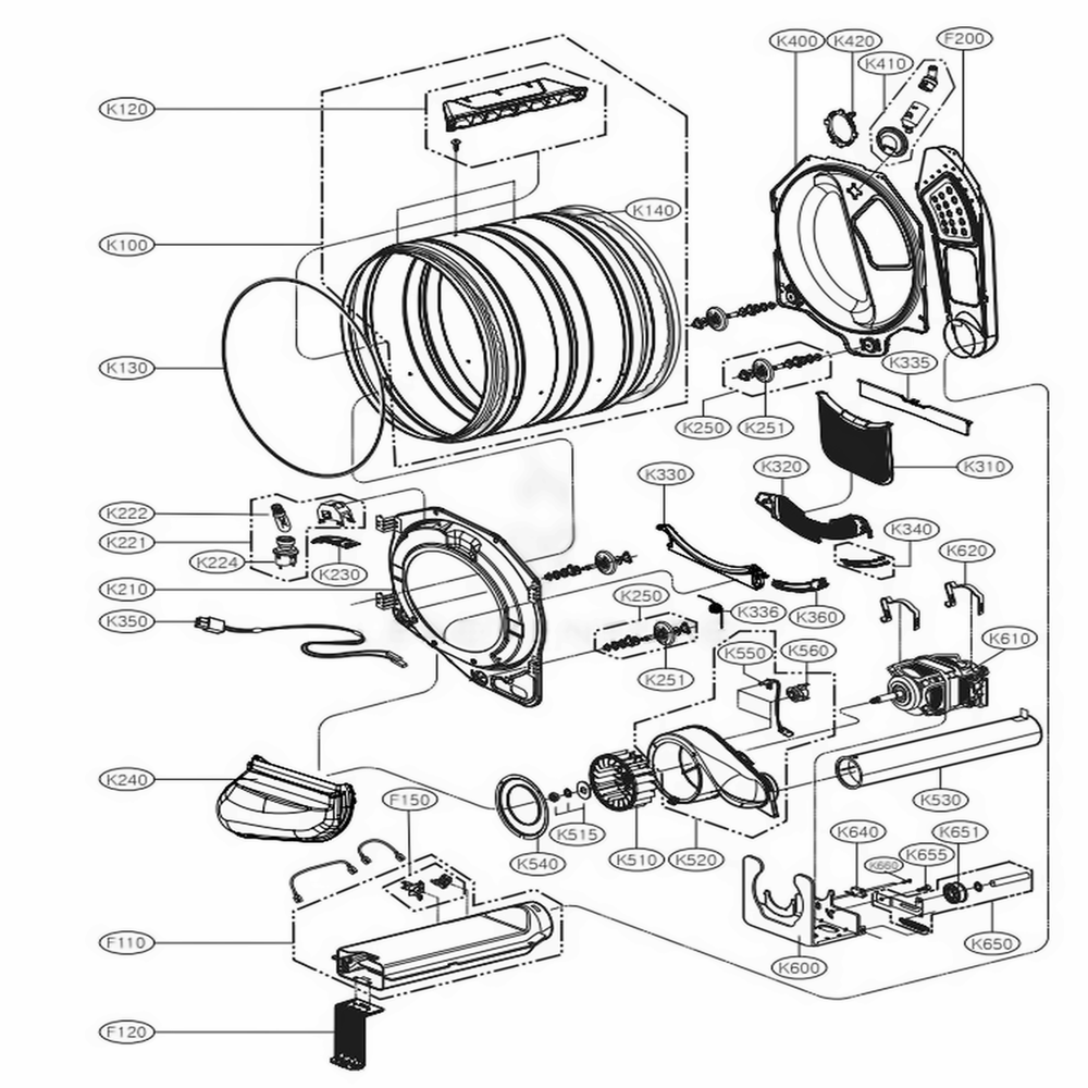 Drum And Motor Assembly Electric Type Diagram and Parts List for DLEX3370W ABWEECI LG Dryer