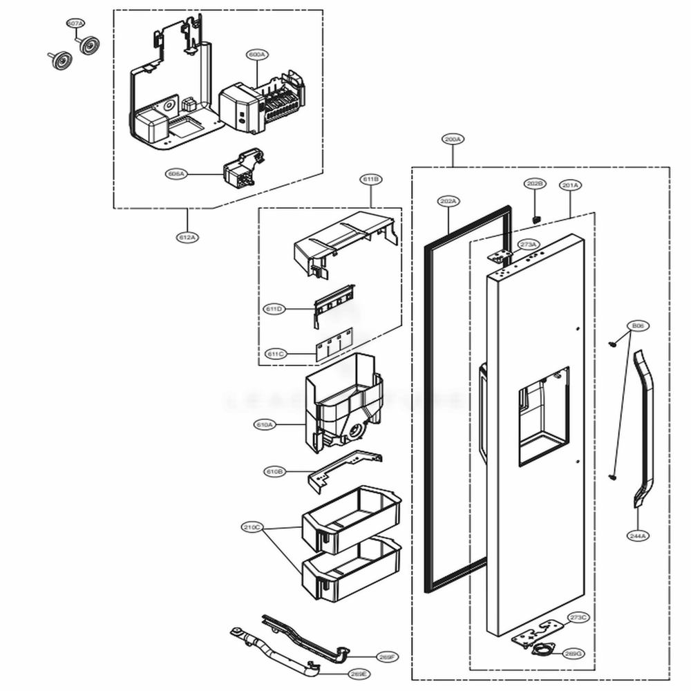 Freezer Door Part Diagram and Parts List for LSSB2791ST ASTCNA0 LG Refrigerator