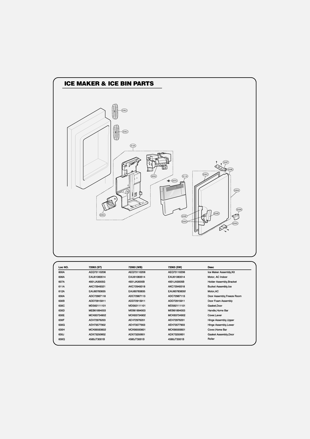 Ice Maker And Ice Bin Parts Diagram and Parts List for GR-J318LSTP ASTCSE5 LG Refrigerator