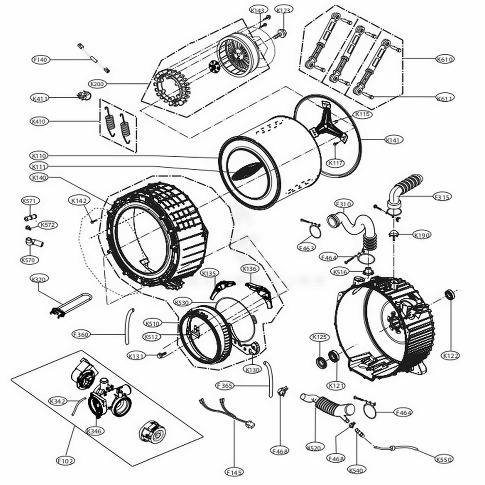 Drum And Tub Assembly Diagram and Parts List for WM3998HBA ABLEVUS LG Washer
