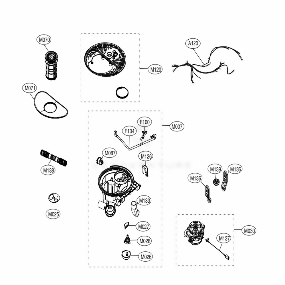 Sump Assembly Diagram and Parts List for LDPS6844AS ASSESNA LG Dishwasher