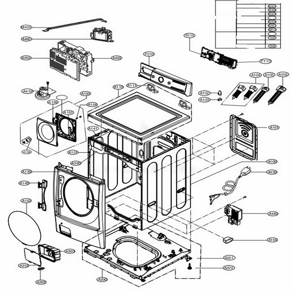 Cabinet And Control Panel Assembly Diagram and Parts List for 41002 ABWESEU LG Washer