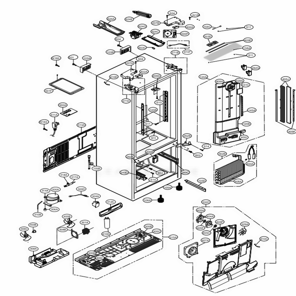 Case Parts Diagram and Parts List for LFXS29626B AWBCNA1 LG Refrigerator