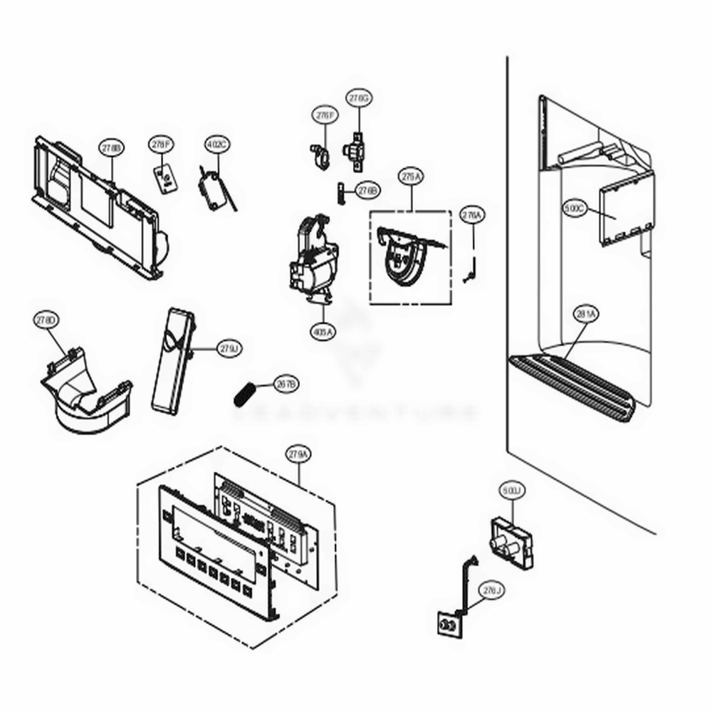 Dispenser Parts Diagram and Parts List for 72193 ASTCSE1 LG Refrigerator