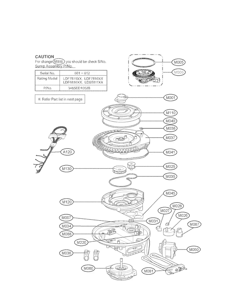 Sump Assy Diagram and Parts List for LDF6810BB-02  LG Dishwasher