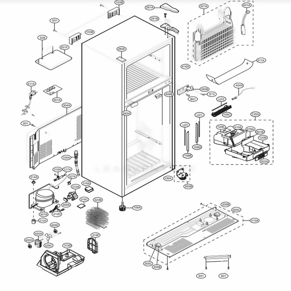 Case Parts Diagram and Parts List for 78039 AWBCSE5 LG Refrigerator