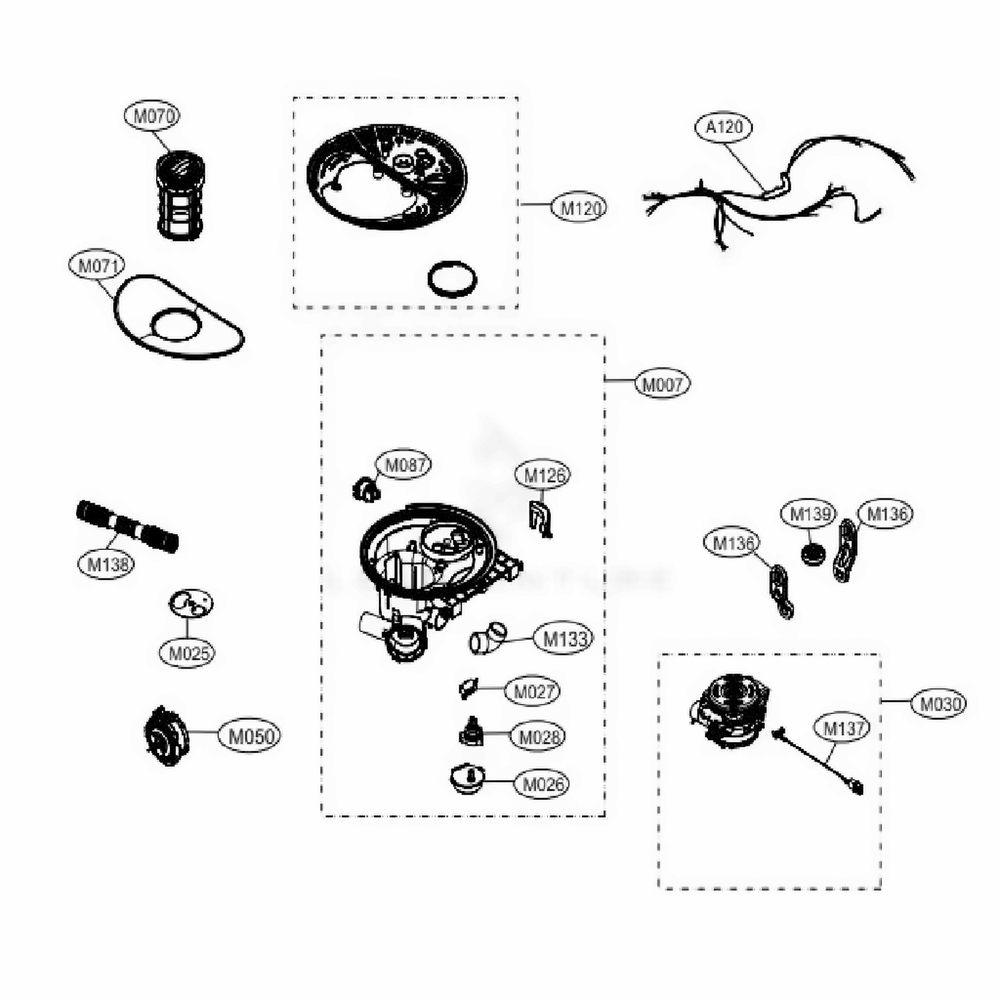Sump Assembly Diagram and Parts List for ADFD5448AT ASTESNA LG Dishwasher