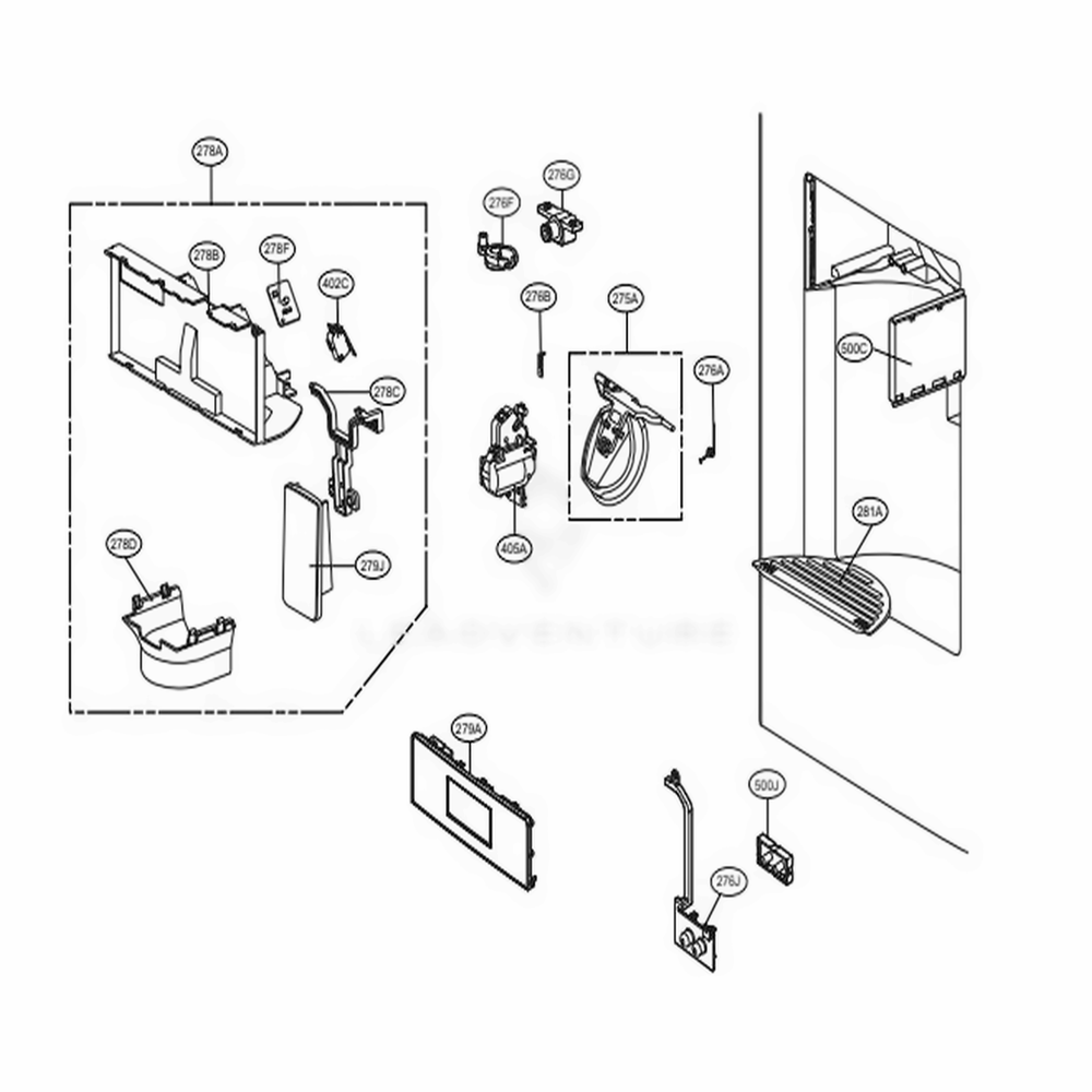 Dispenser Parts Diagram and Parts List for 71063 ASTCSE2 LG Refrigerator