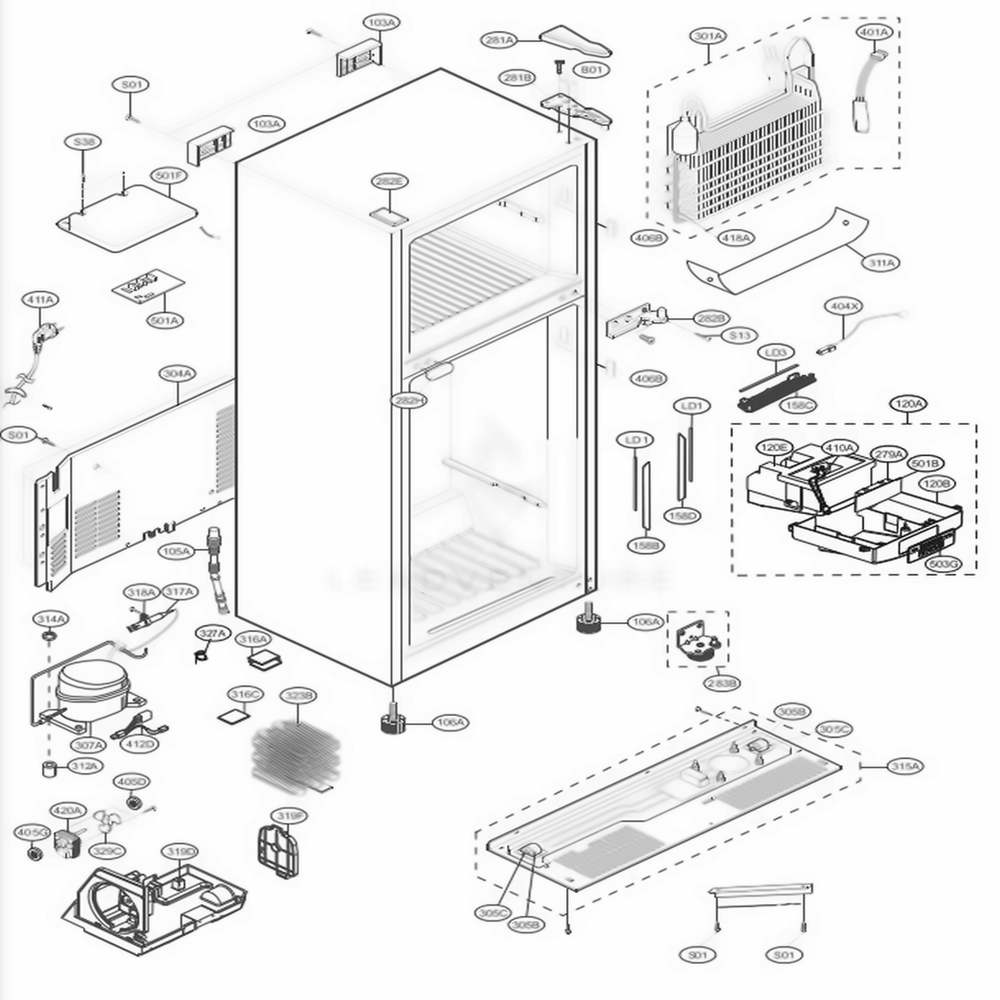 Case Parts Diagram and Parts List for LTCS24223B AWBCNA5 LG Refrigerator