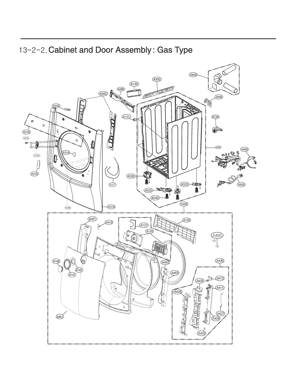 Cabinet And Door Assembly Diagram and Parts List for RN1376HS ABSEEUS LG Dryer