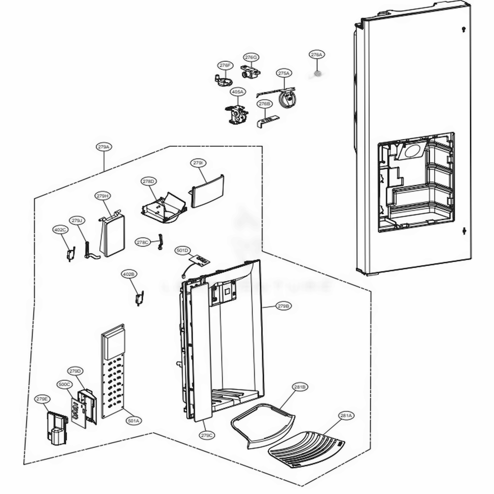 Dispenser Parts Diagram and Parts List for LMX28988ST ASTCNA6 LG Refrigerator