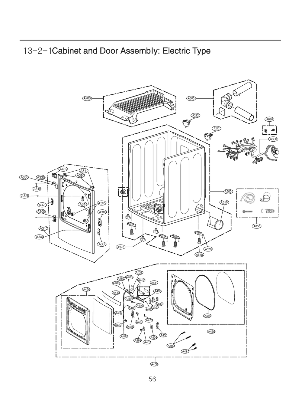 Cabinet And Door Assembly Diagram and Parts List for RV13U6EM8W ASSEEUS LG Dryer