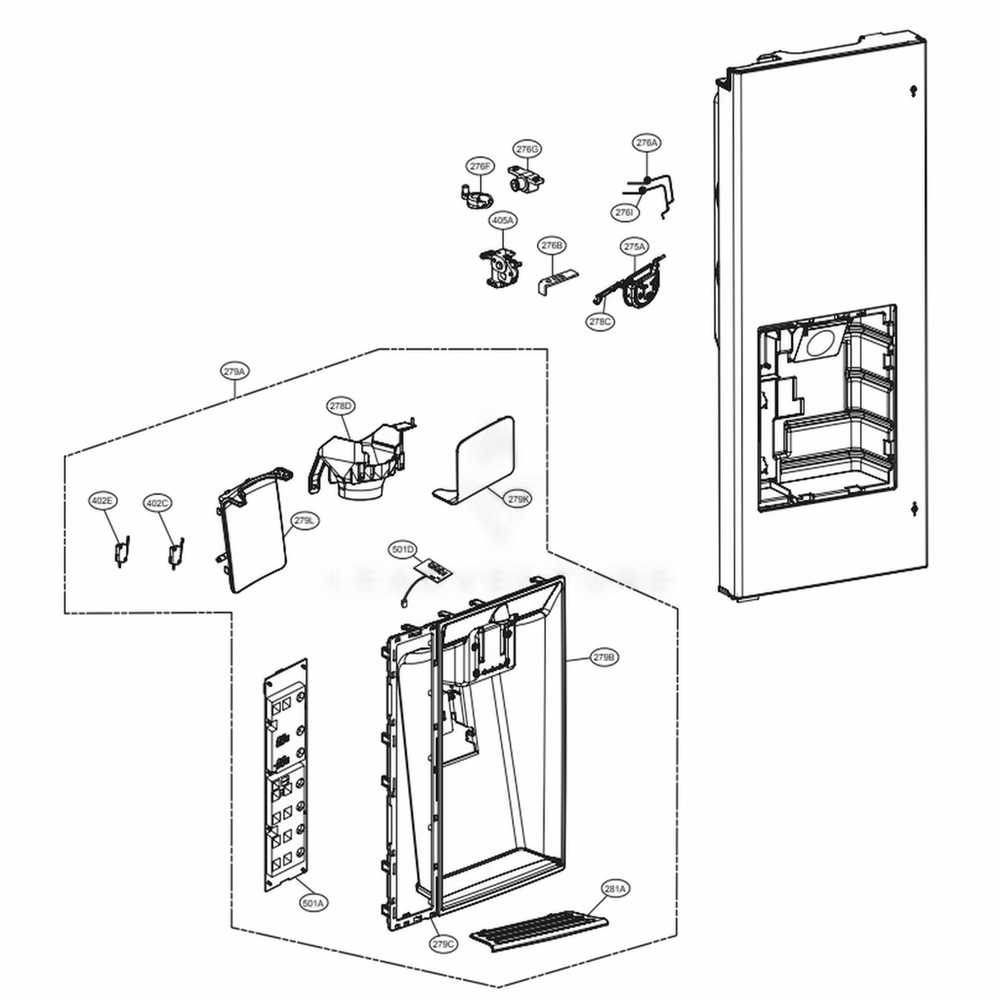 Dispenser Parts Diagram and Parts List for LMXS30776S ASTCNA2 LG Refrigerator