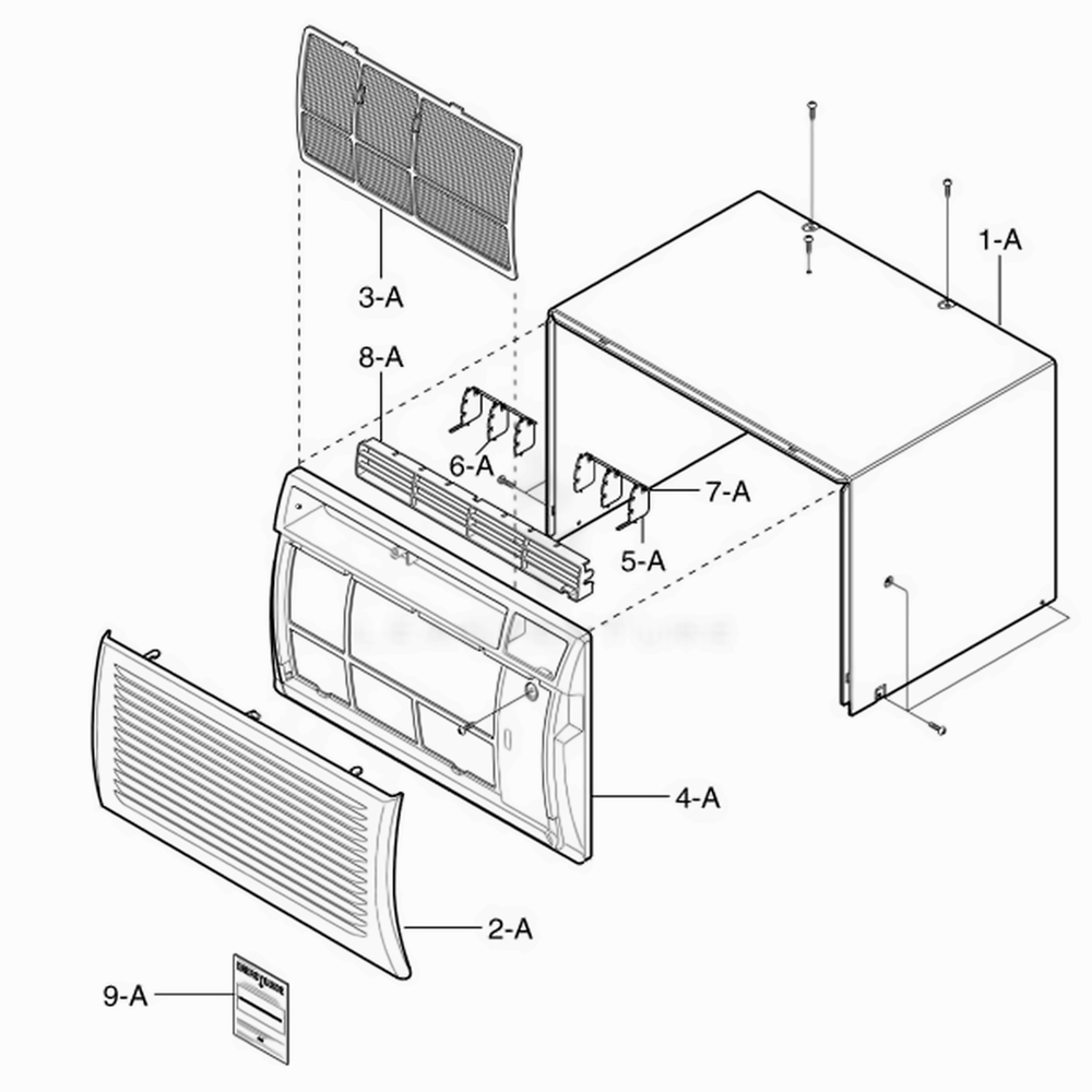 Cabinet And Front Grille Assembly Diagram and Parts List for CHECK AWYBSRU LG Air Conditioner