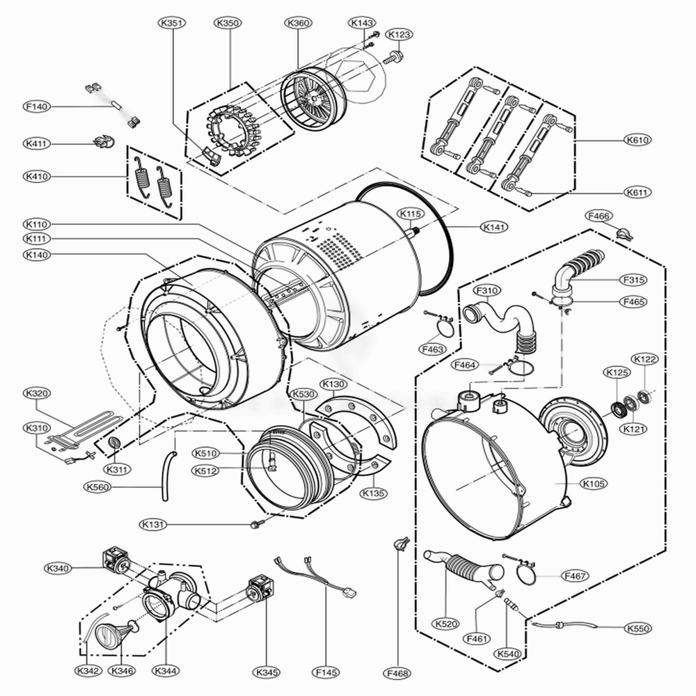 Drum And Tub Assembly Diagram and Parts List for WM2677HWM ABWEECI LG Washer