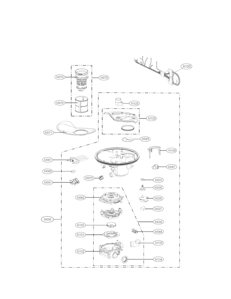Sump Assembly Parts Diagram and Parts List for LDF7774BD  LG Dishwasher