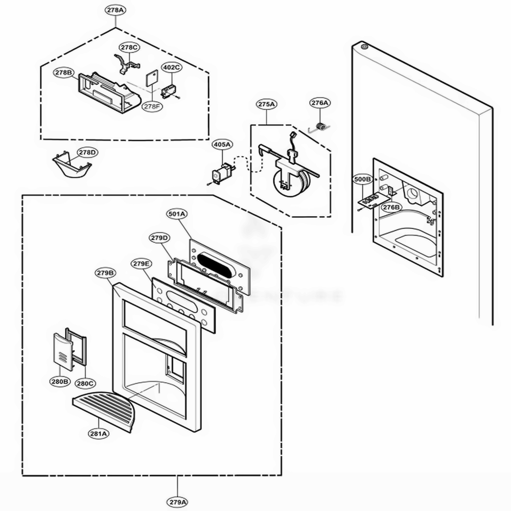 Dispenser Parts Diagram and Parts List for 78503 AST1SER LG Refrigerator