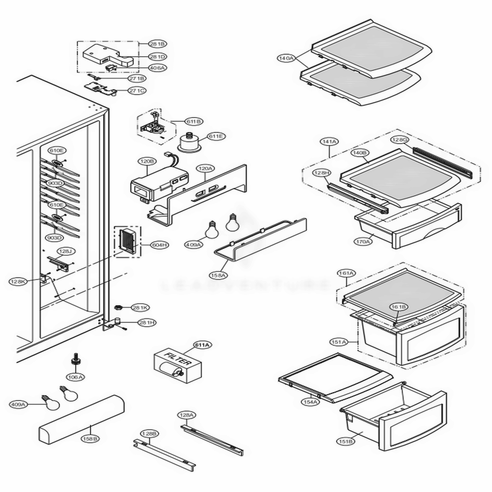 Refrigerator Compartment Diagram and Parts List for 58829 AWBCSER LG Refrigerator